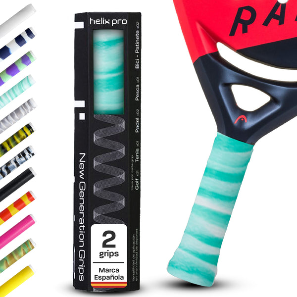Padel Overgrip Helix Pro Grip Silikon-Overgrip in Türkis/Weiss mit 2er-Verpackung am Schläger