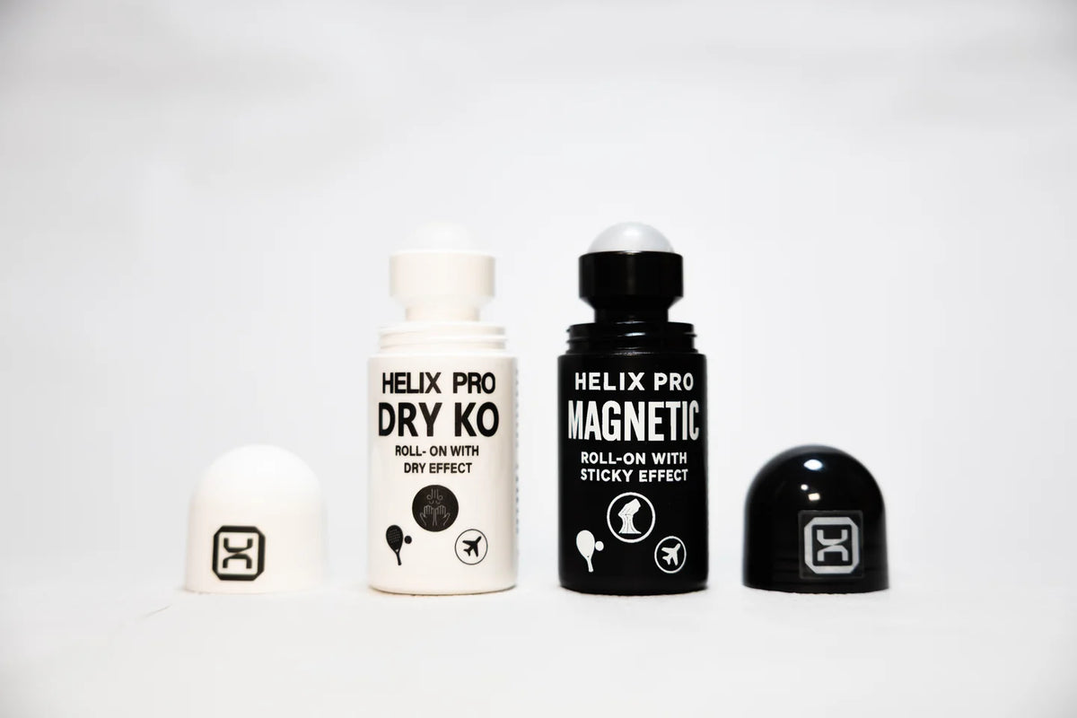 Padel Antischweiss Roll-On Helix Pro DRY KO und MAGNETIC nebeneinander mit Applikator und Kappe